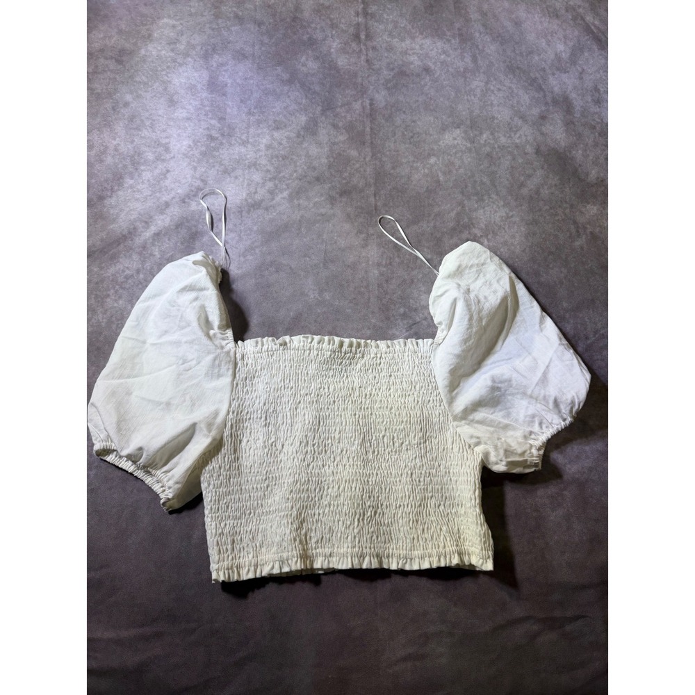 Crescent White Smocked Puff Sleeve Crop Top Square Neck Ruffle CT7342 Size L
